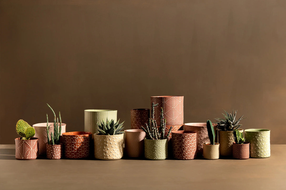 Cylinder Planter | Antique Green with Beige Ladder Stripes