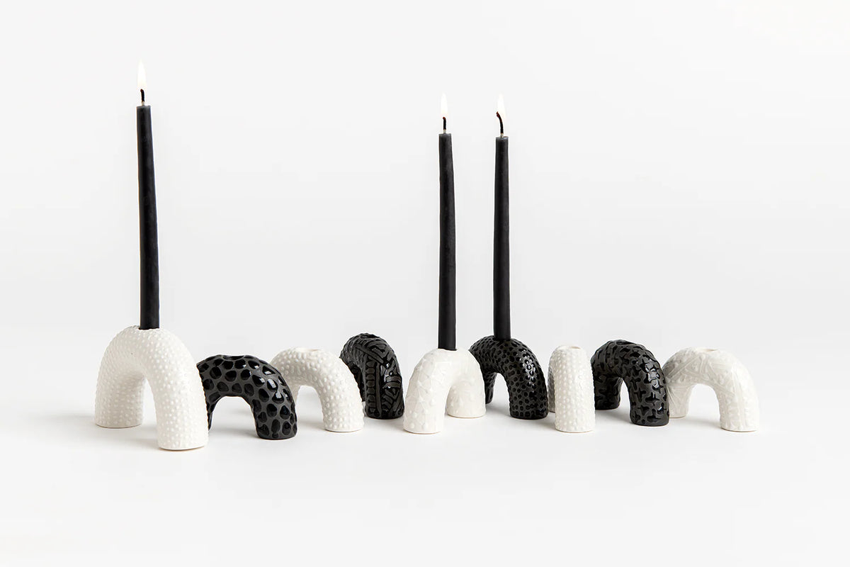 Small Arch Candle Holder | Black with Black Pattern