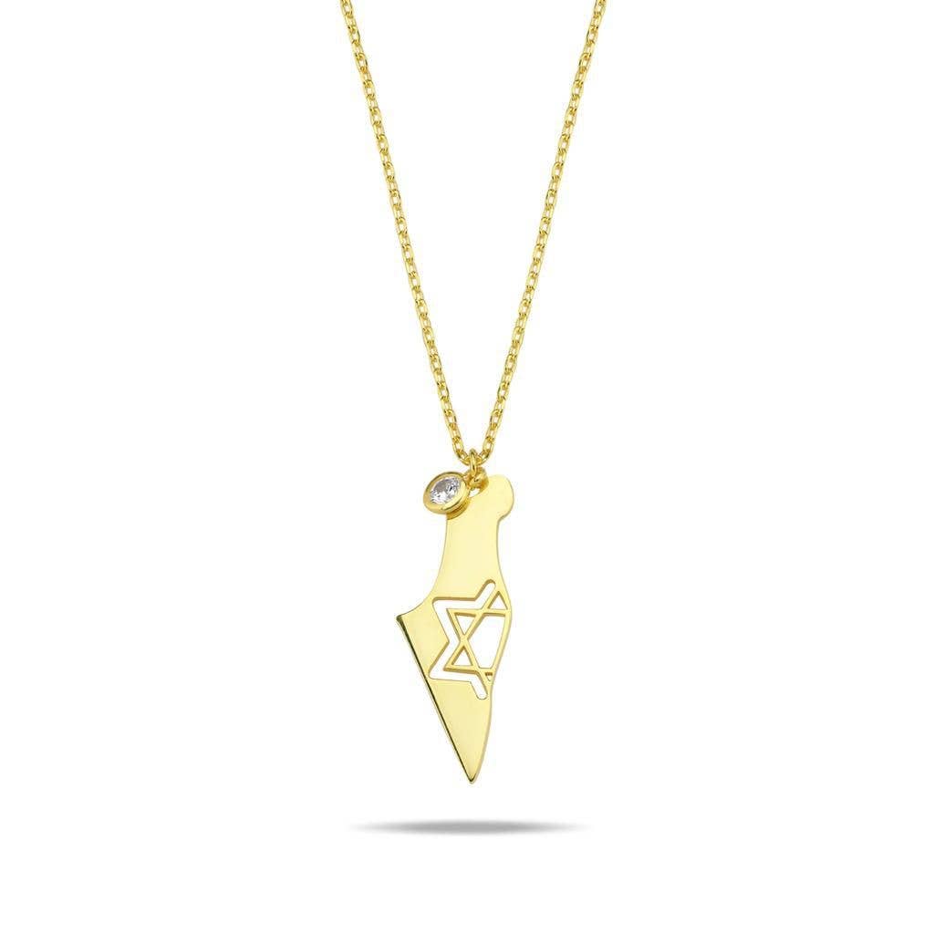 Israel Map on Paperclip Adjustable Chain with Star of David: Yellow Gold