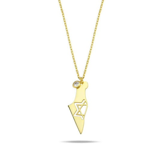 Israel Map on Paperclip Adjustable Chain with Star of David: Yellow Gold