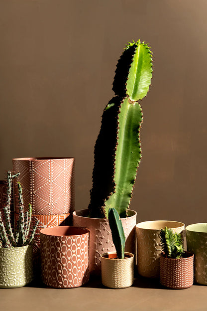 Cylinder Planter | Antique Green with Beige Ladder Stripes