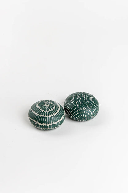 Salt and Pepper Shakers | Pine Green with Beige Spiral and Stars
