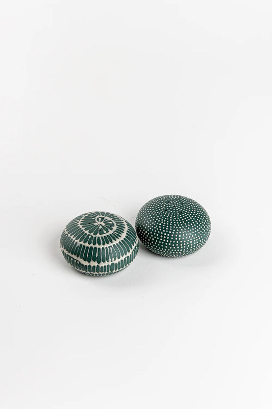 Salt and Pepper Shakers | Pine Green with Beige Spiral and Stars