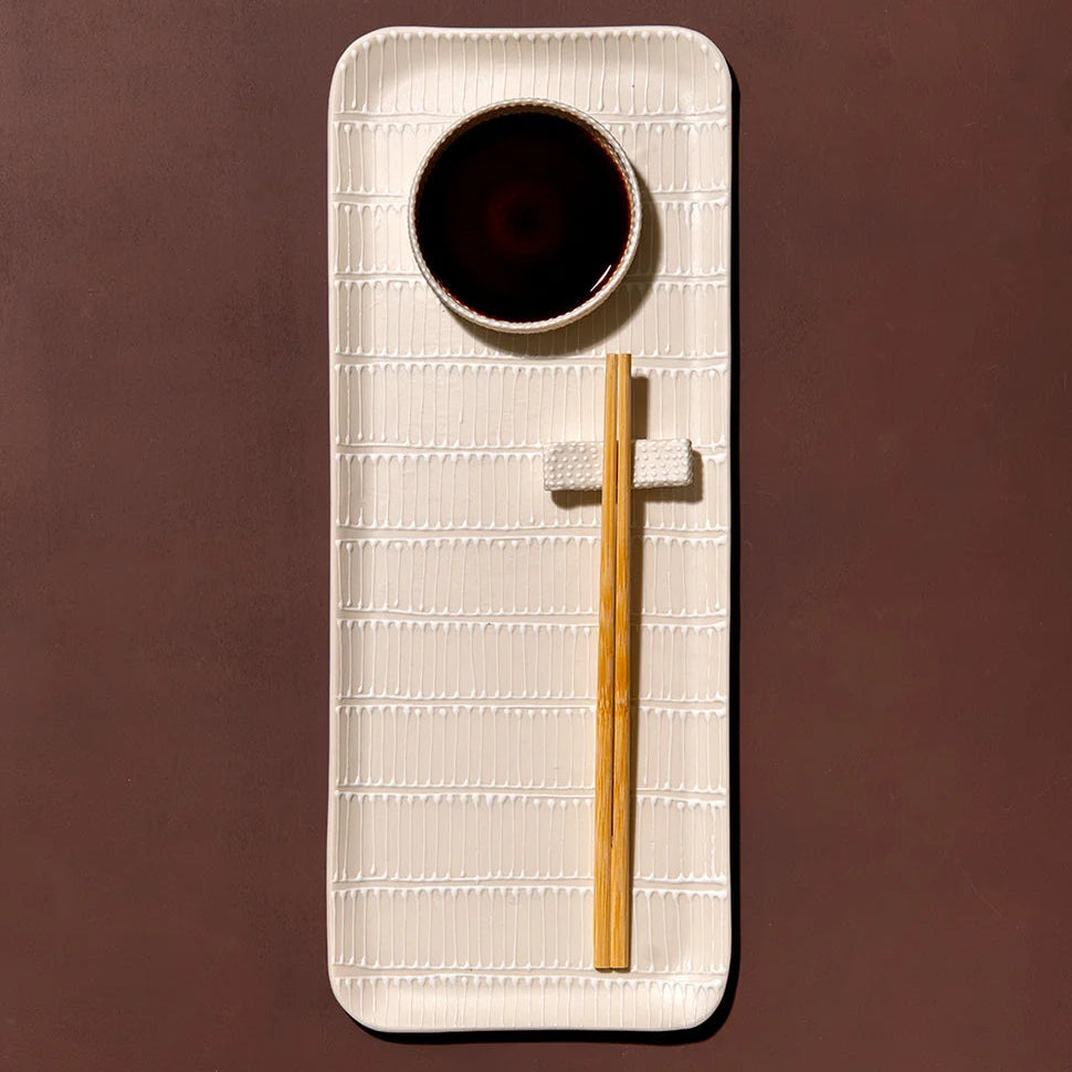 Medium Rectangular serving plate | White with White Ladder