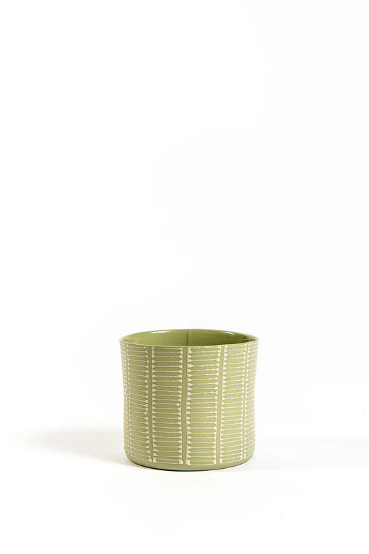 Cylinder Planter | Antique Green with Beige Ladder Stripes
