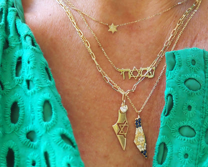 Israel Map on Paperclip Adjustable Chain with Star of David: Yellow Gold
