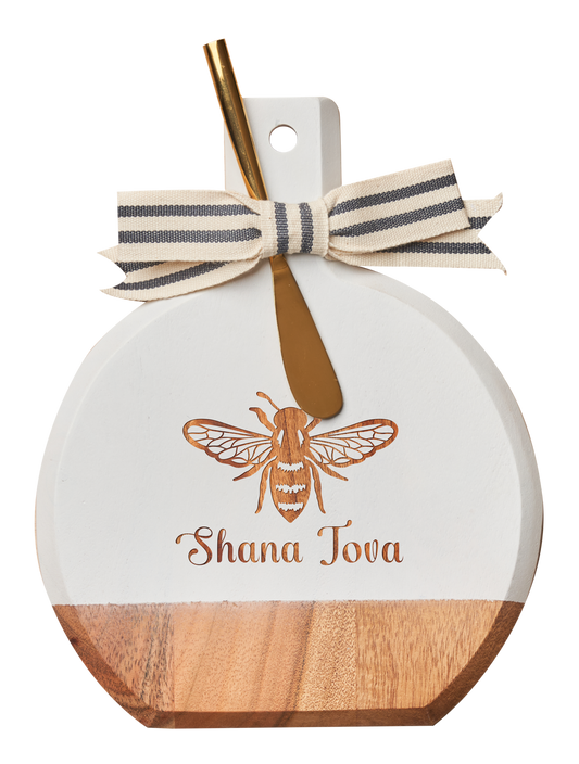 Acacia Bevel Board w/ Gold Spreader |Honeybee w/ Shana Tova