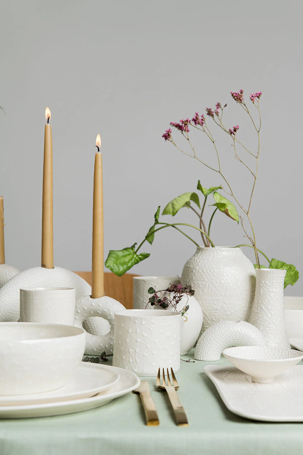 Small Arch Candle Holder | White with White Dots