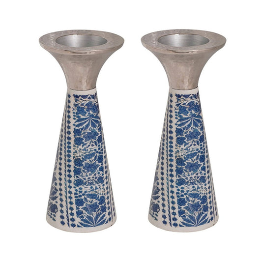 Low Cone Candlesticks with Painted Design – Blue