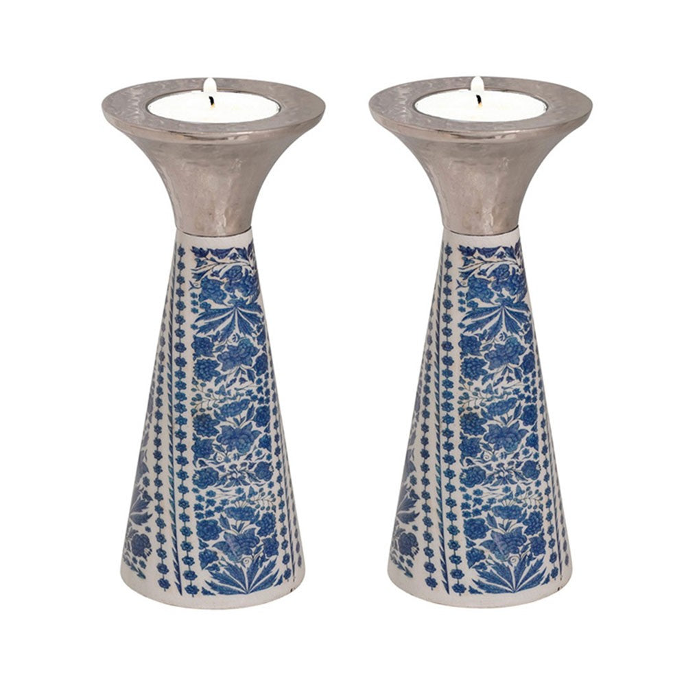 Low Cone Candlesticks with Painted Design – Blue