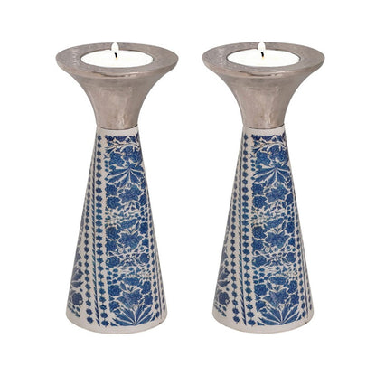 Low Cone Candlesticks with Painted Design – Blue