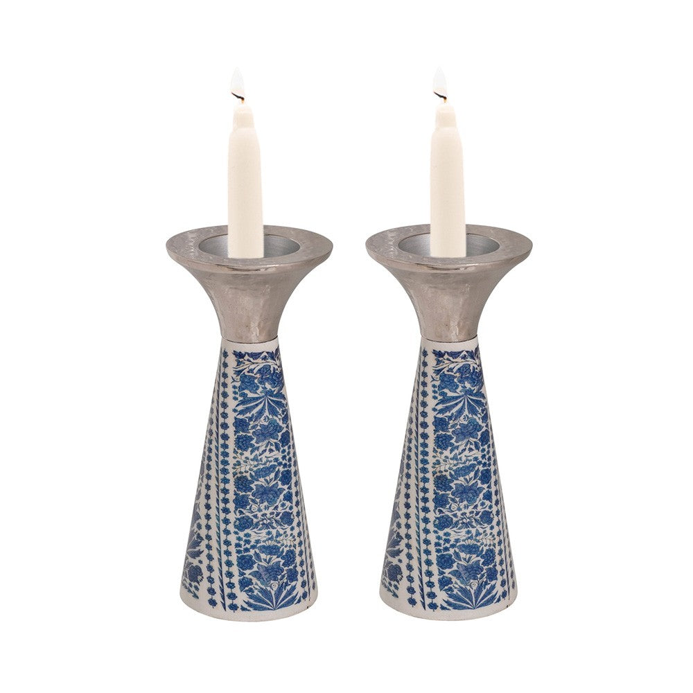 Low Cone Candlesticks with Painted Design – Blue