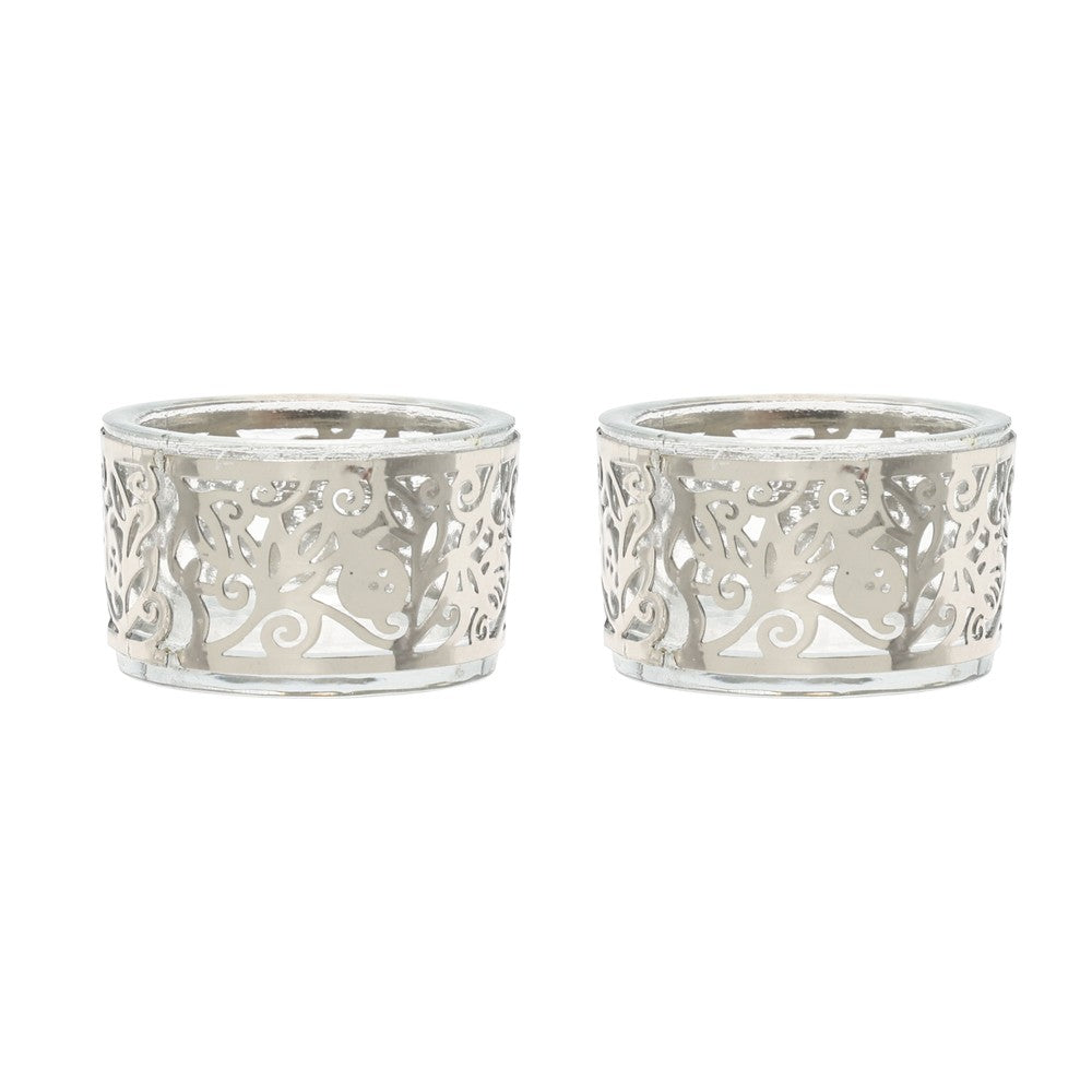 Pair of Tea Light Holders – Glass & Stainless Steel Pomegranate Design