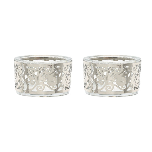 Pair of Tea Light Holders – Glass & Stainless Steel Pomegranate Design