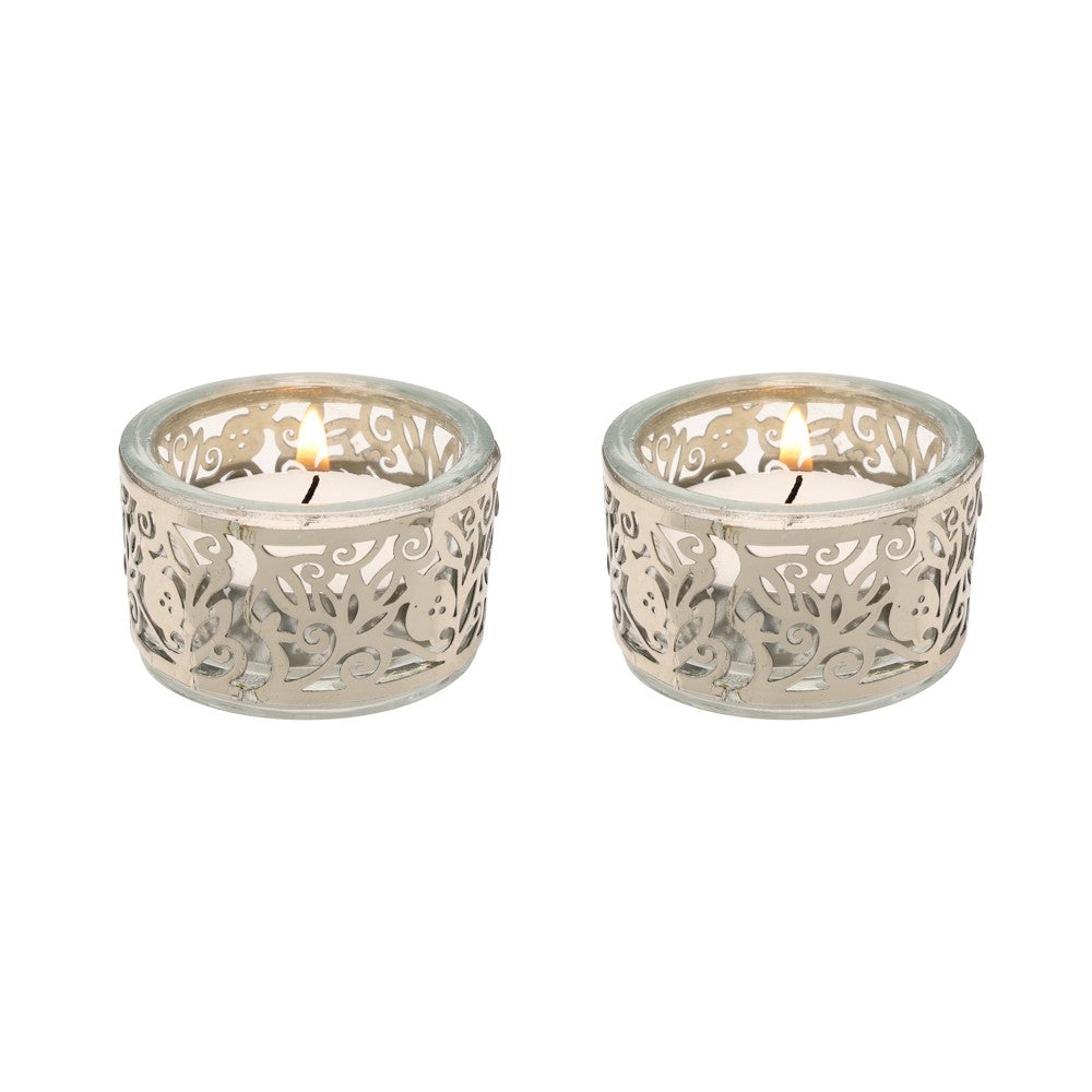 Pair of Tea Light Holders – Glass & Stainless Steel Pomegranate Design