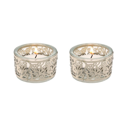 Pair of Tea Light Holders – Glass & Stainless Steel Pomegranate Design
