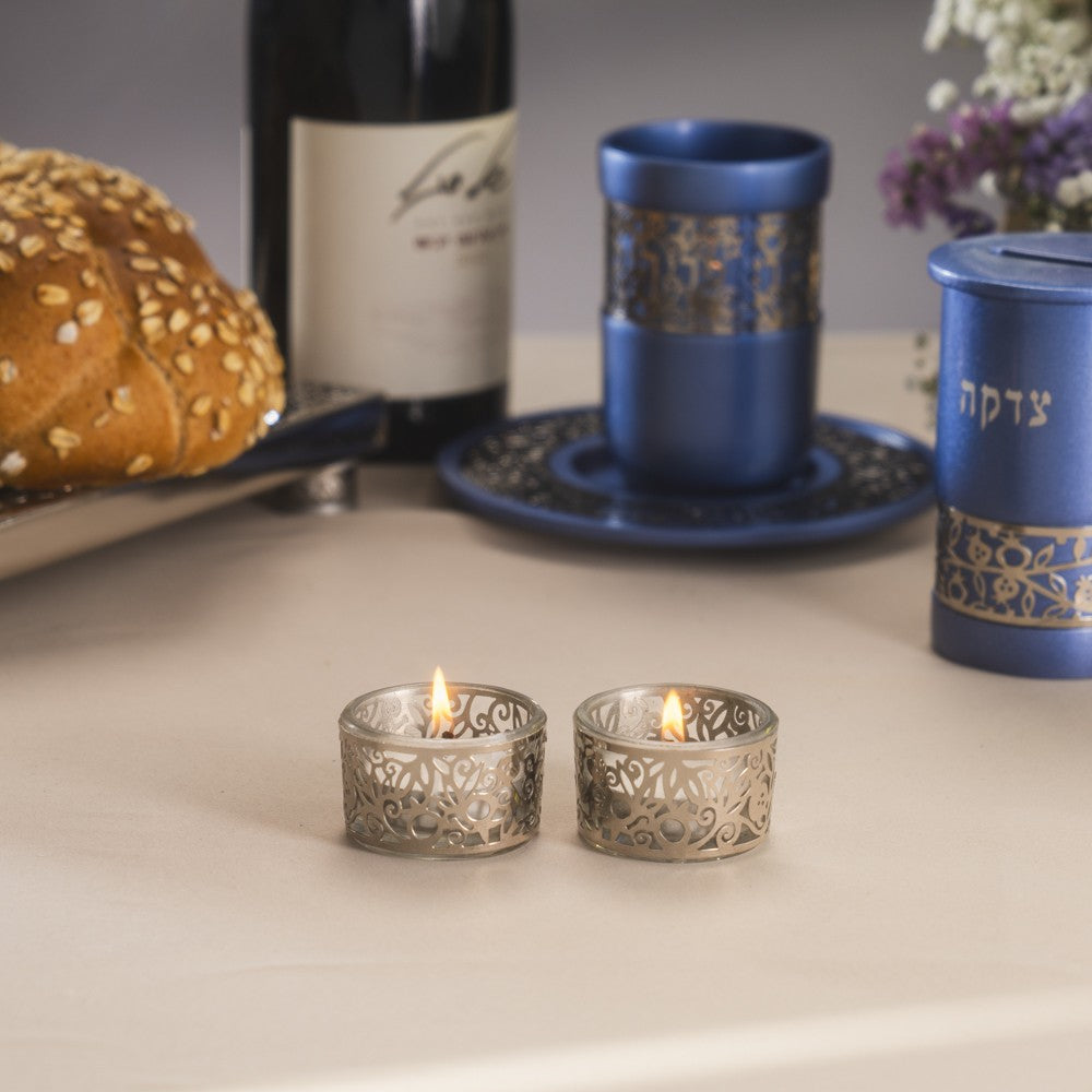 Pair of Tea Light Holders – Glass & Stainless Steel Pomegranate Design
