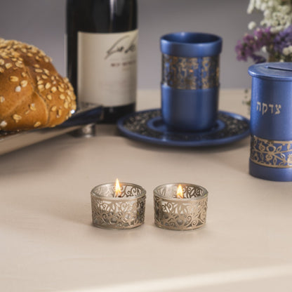 Pair of Tea Light Holders – Glass & Stainless Steel Pomegranate Design