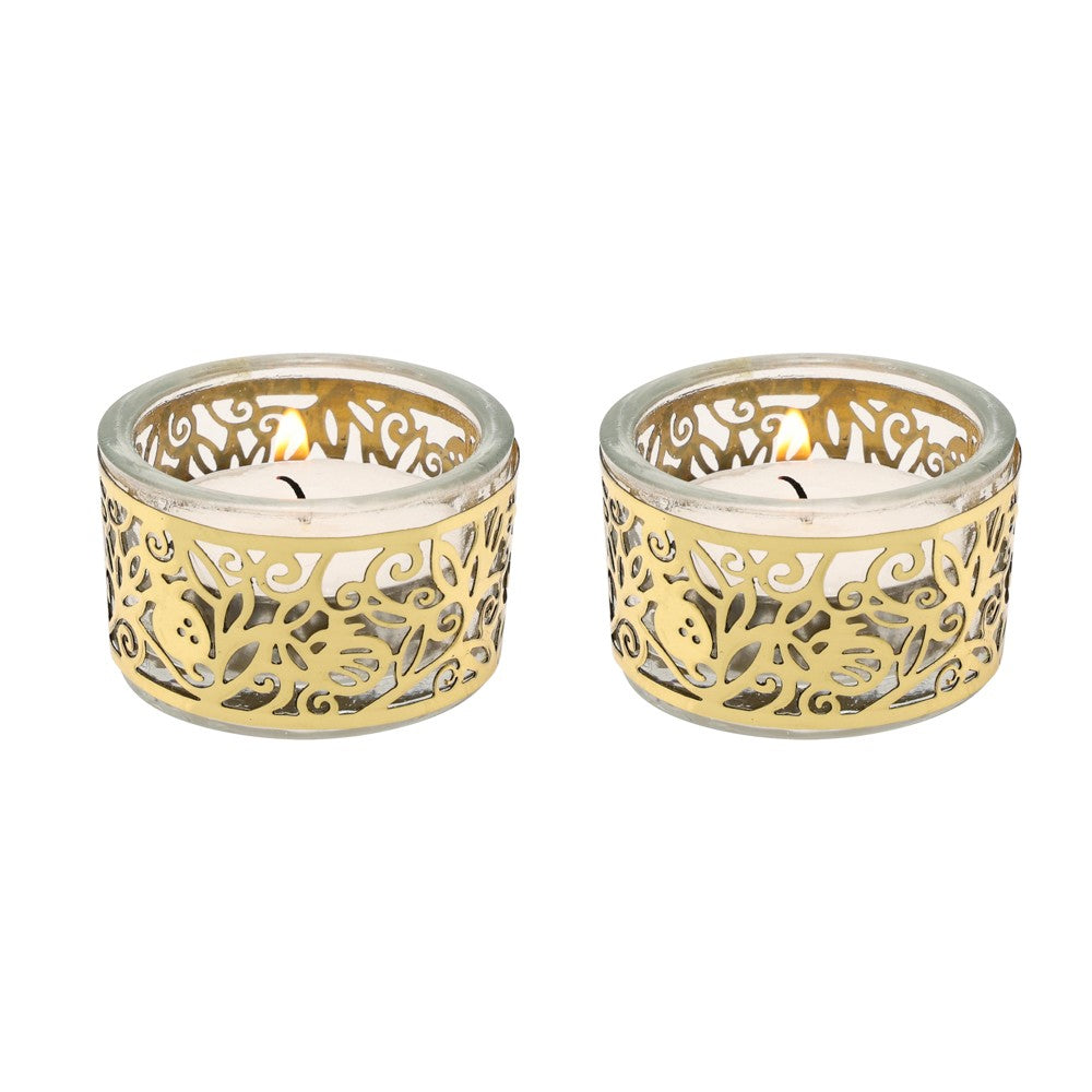 Pair of Tea Light Holders – Glass & Copper Pomegranate Design