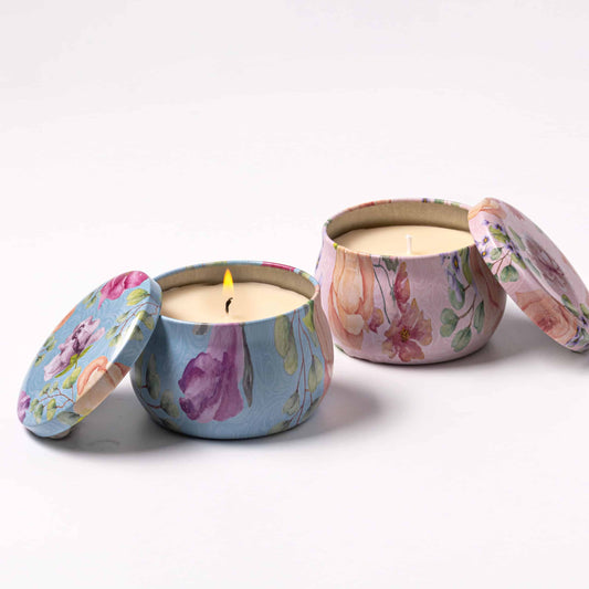 Scented Soy Wax Candle in Colorful Tin – Floral Baby Blue