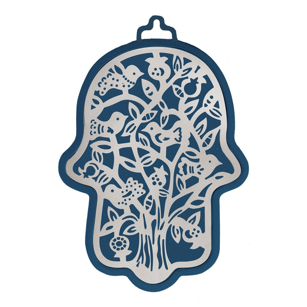 Large Hamsa – Blue with Stainless Steel Tree and Birds Metal Design
