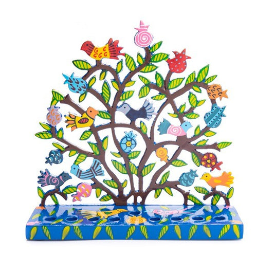 Laser-Cut Hanukkah Menorah with Hand-Painted Pomegranates & Birds