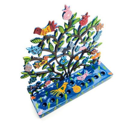 Laser-Cut Hanukkah Menorah with Hand-Painted Pomegranates & Birds