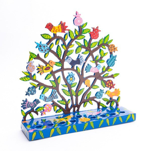Laser-Cut Hanukkah Menorah with Hand-Painted Pomegranates & Birds