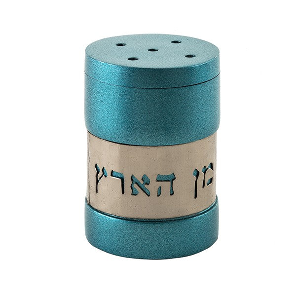 Turquoise Salt Shaker with Silver Text Design