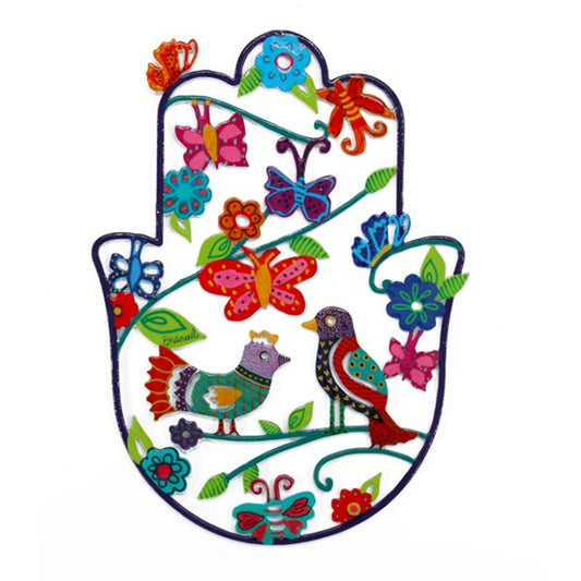Medium Hamsa with Enamel Finish – Birds and Butterflies