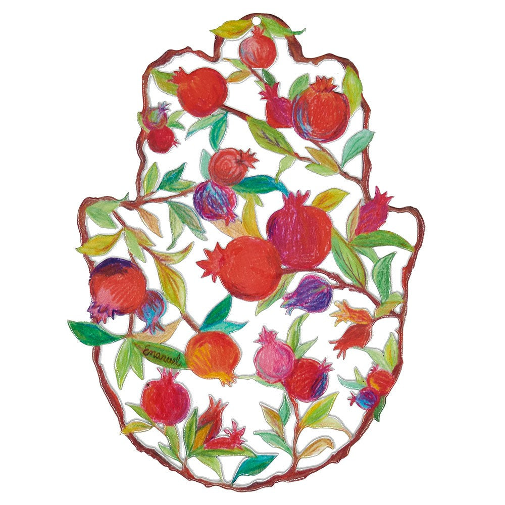 Medium Hamsa with Enamel Finish – Pencil Drawn Pomegranate