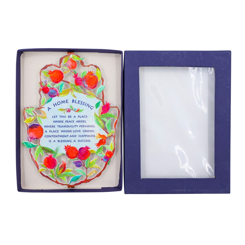 Large Hamsa with Enamel Finish – Pomegranate Design with English Home Blessing