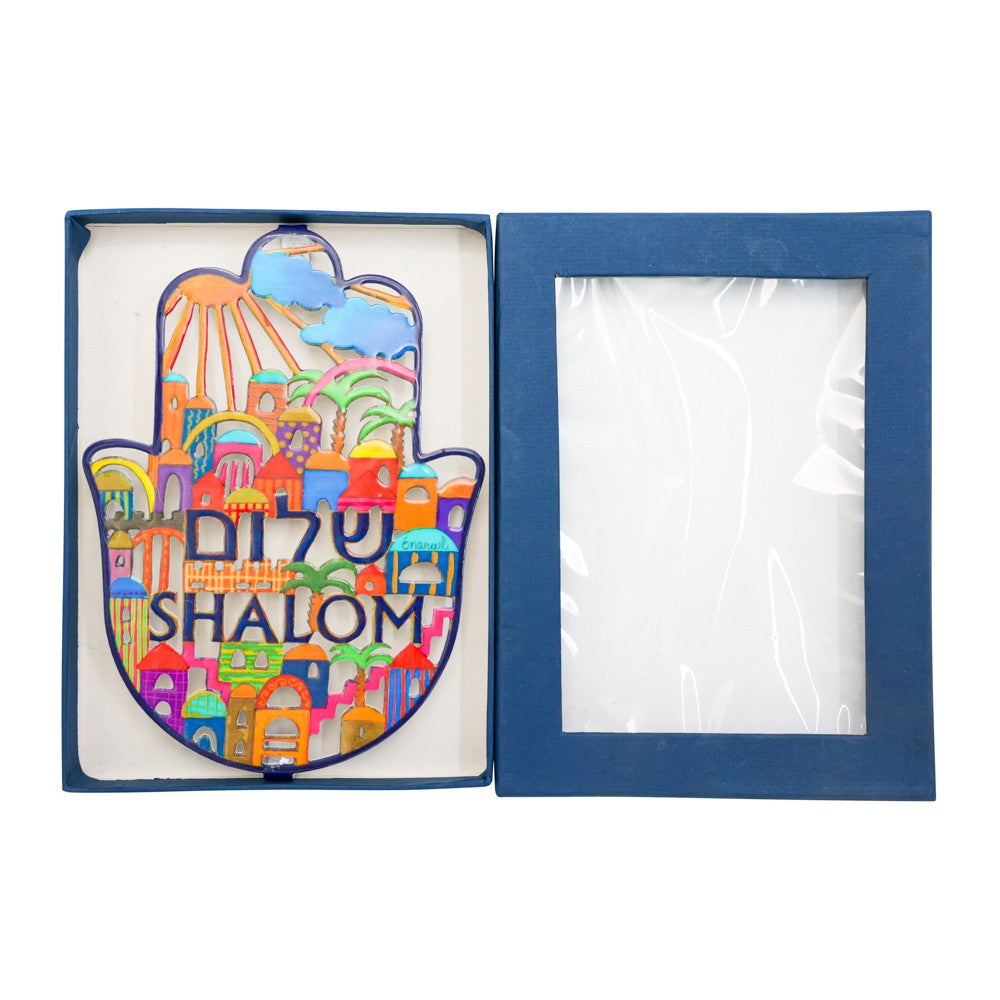 Large Hamsa with Enamel Finish – Jerusalem Design with "Shalom" in Hebrew & English