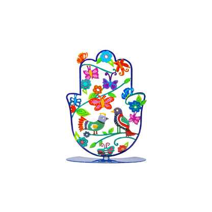 Small Metal Stand – Colorful Painted Hamsa with Birds Design
