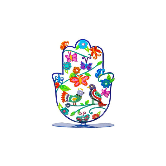 Small Metal Stand – Colorful Painted Hamsa with Birds Design