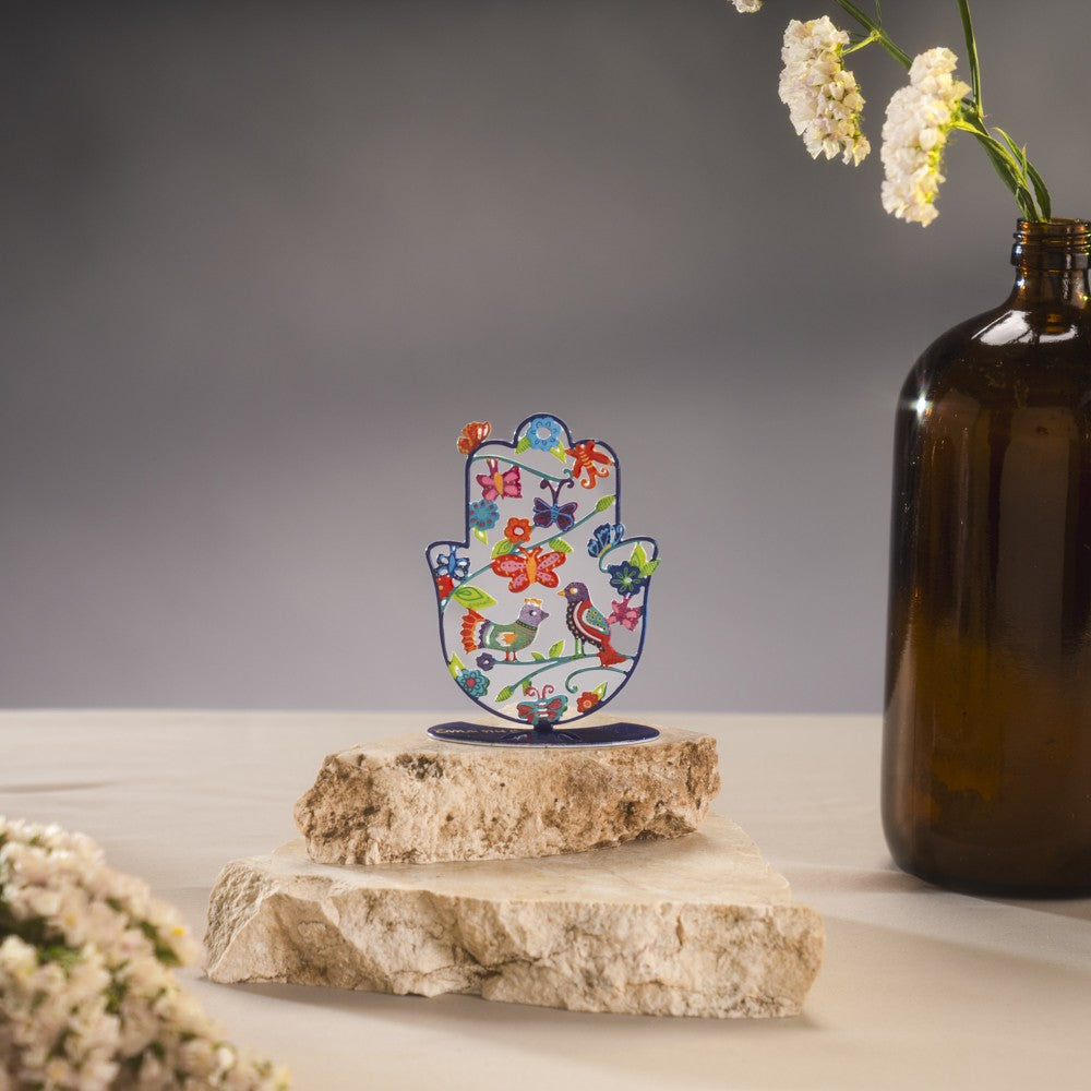 Small Metal Stand – Colorful Painted Hamsa with Birds Design
