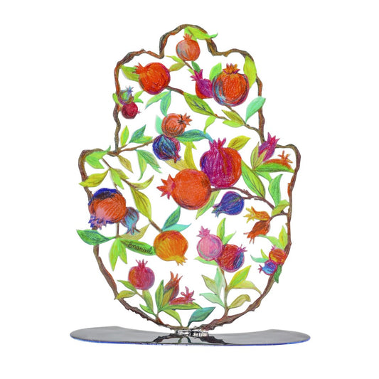Large Metal Stand – Hamsa with Hand-Painted Pomegranate Design