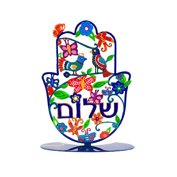 Large Metal Stand – Hamsa with Two Birds & Hebrew "Shalom" Design