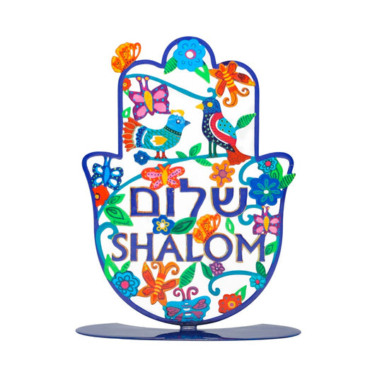 Large Metal Stand – Hamsa with Two Birds & "Shalom" in Hebrew and English