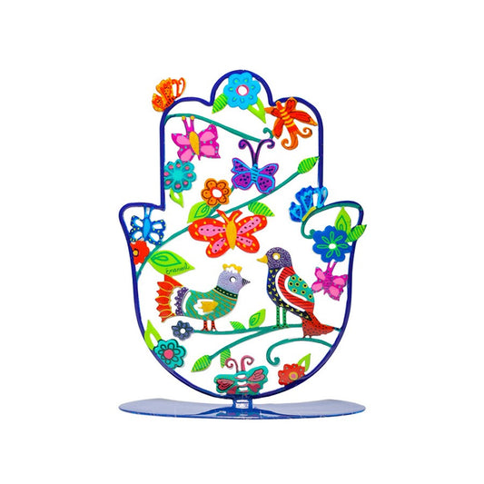 Medium Metal Stand – Colorful Painted Hamsa with Birds Design