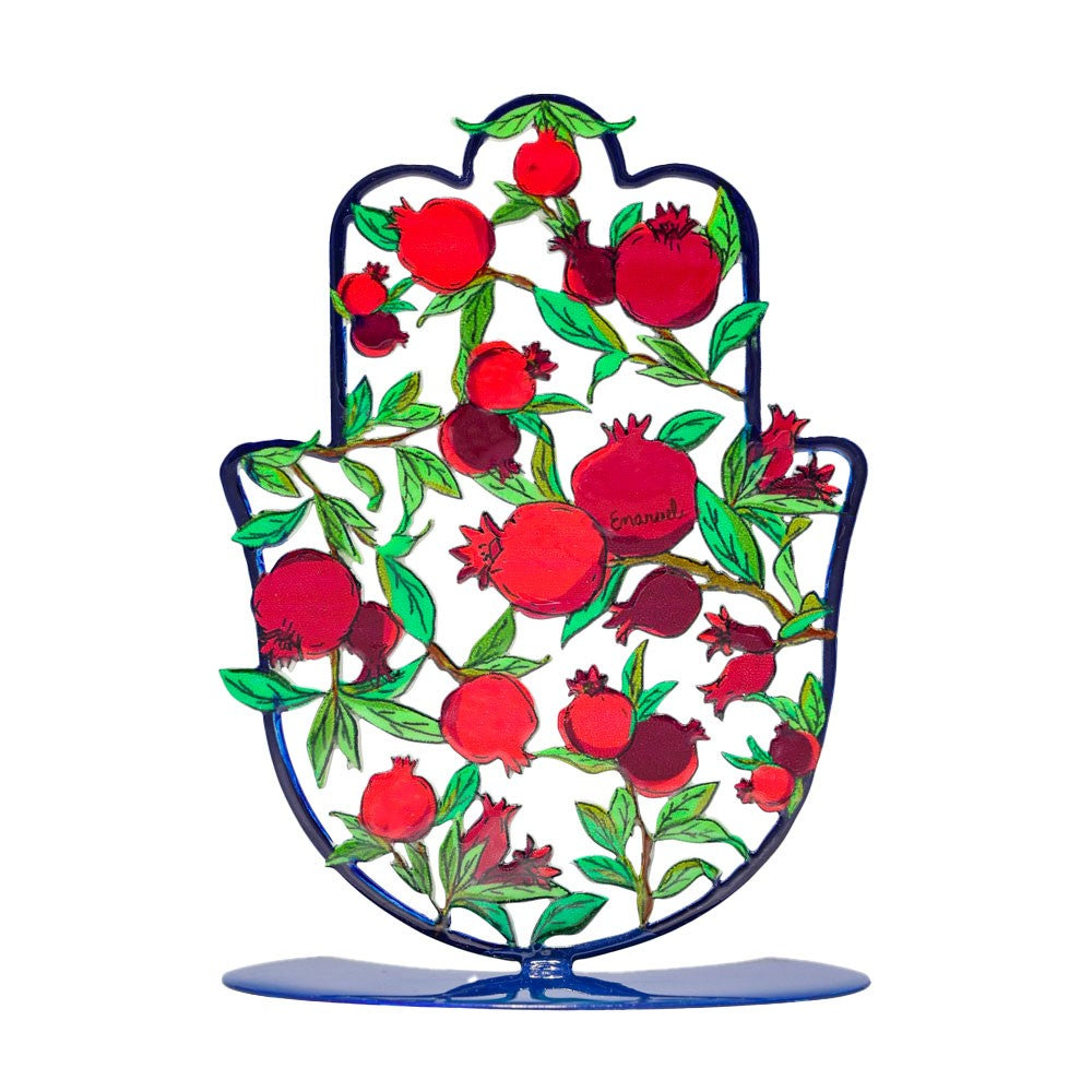 Medium Metal Stand – Hamsa with Red Pomegranate Design