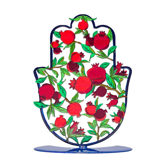 Medium Metal Stand – Hamsa with Red Pomegranate Design