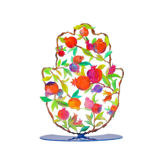 Medium Metal Stand – Hamsa with Enamel Finish & Pencil Drawn Pomegranate Design