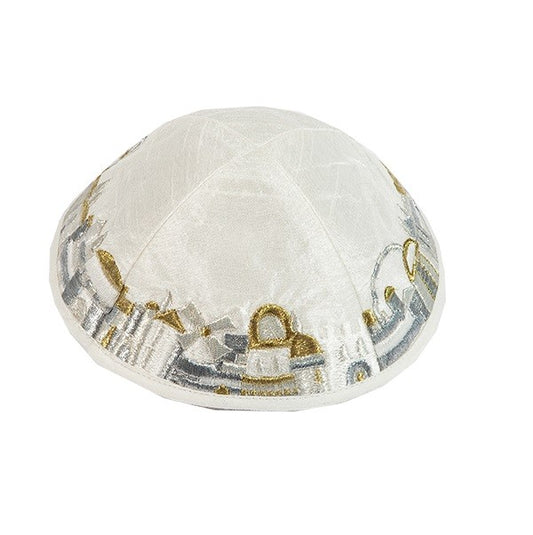 Embroidered Kippah – Jerusalem Design – Silver & Gold