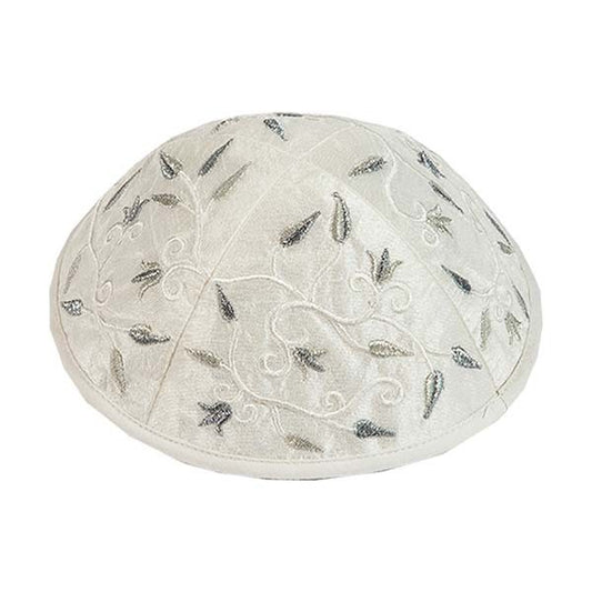 Embroidered Kippah – Silver Floral Design