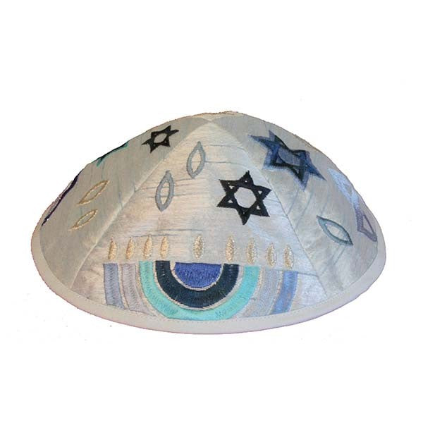 Embroidered Kippah – Blue Menorah Design