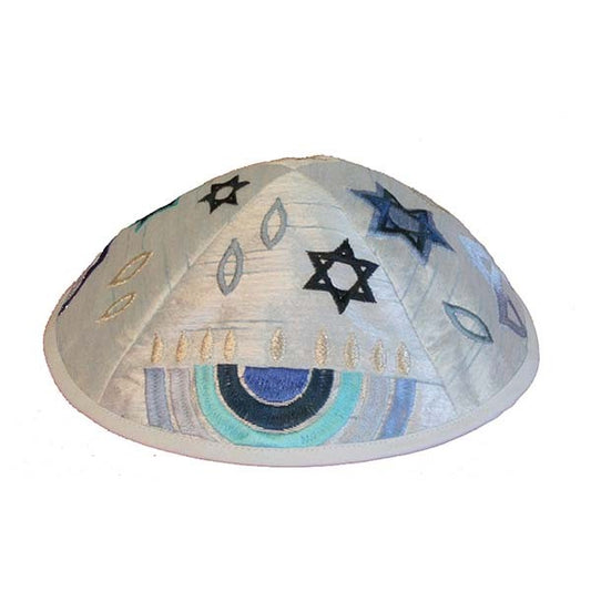 Embroidered Kippah – Blue Menorah Design
