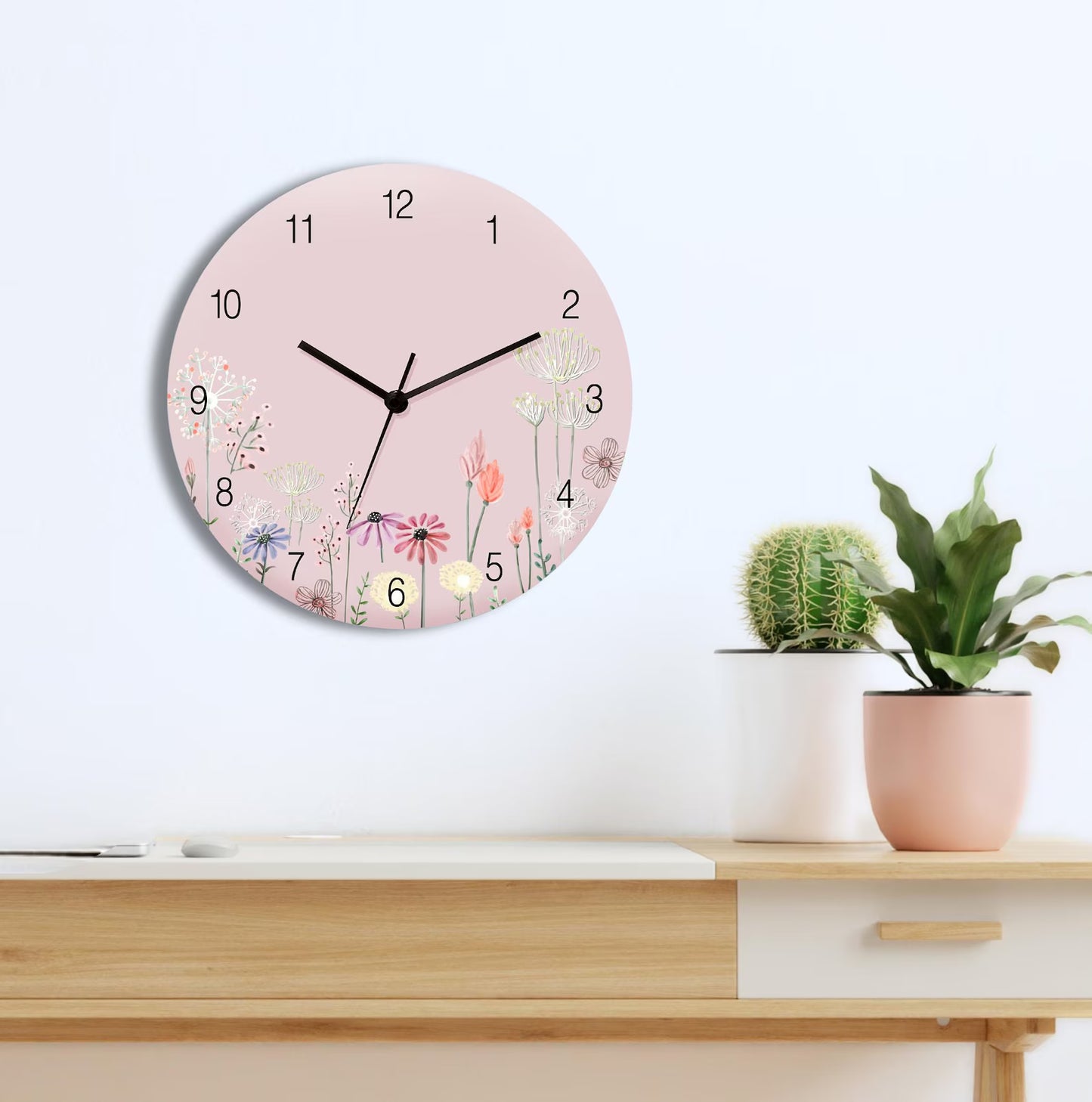 Colorful Modern Wall Clock – Pink Floral Scandinavian Design