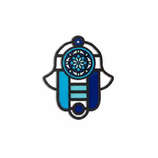 Stained Glass–Style Hamsa Wall Hanging – Blue
