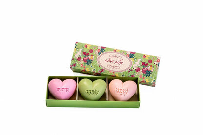 Three Heart Soap Gift Set – "Words from the Heart" – Green & Red Floral Design